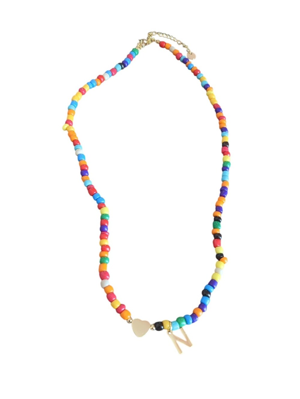 NWOT Vibrant Rainbow Beaded Necklace with Gold Heart & Initial "N" Charm